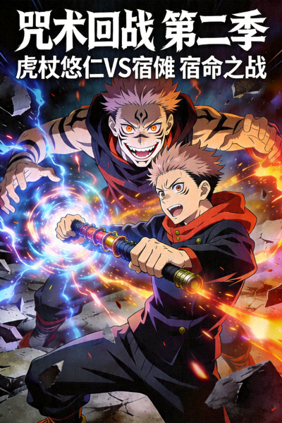 动漫《咒术回战》第二季海报，主角虎杖悠仁与宿傩的激烈战斗